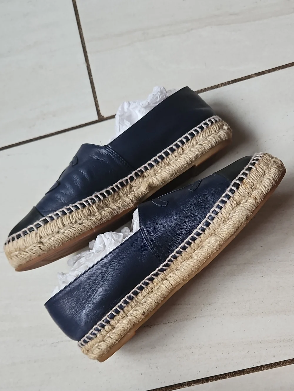 CHANEL Navy Black Lambskin Leather CC Espadrilles [Size 37]